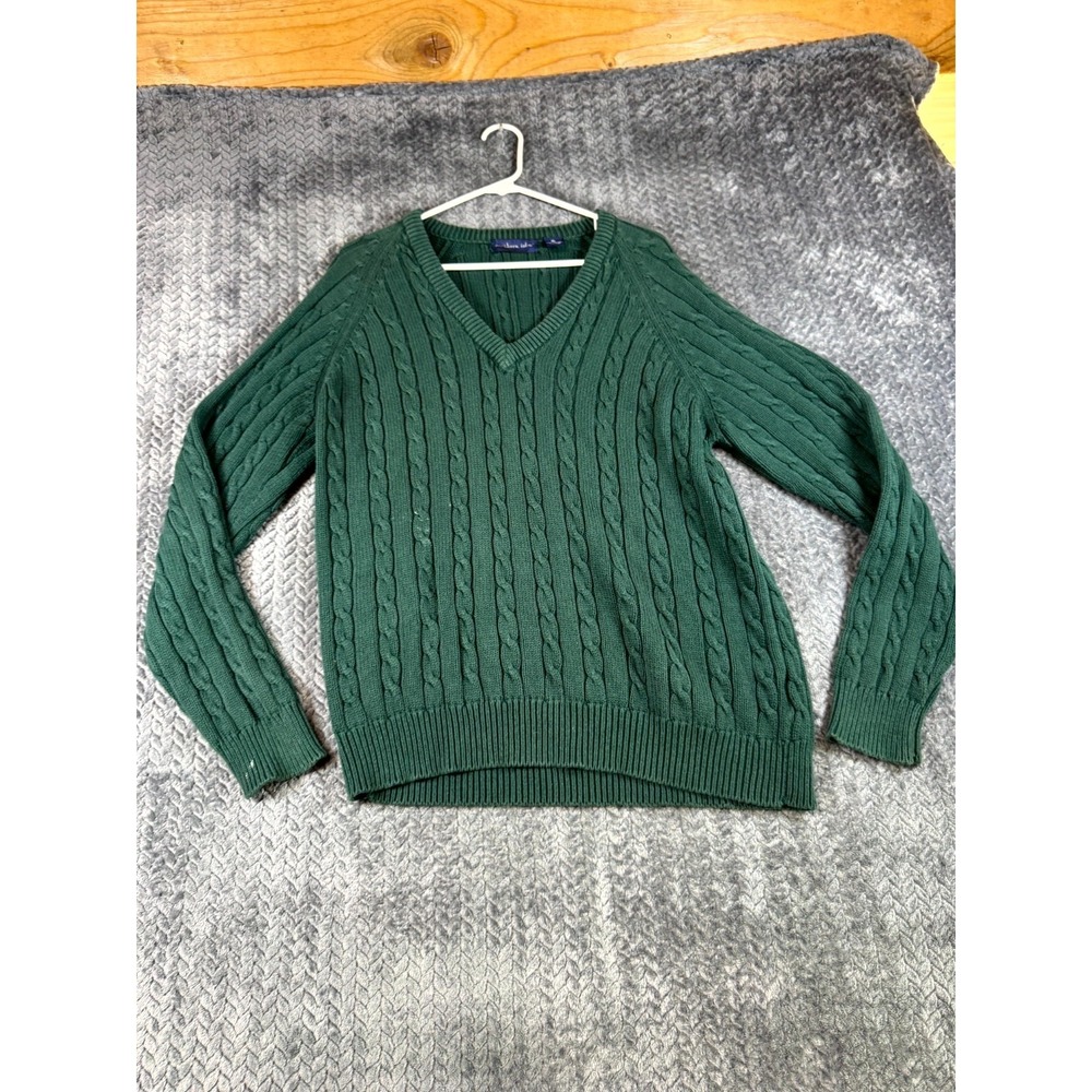 Northern Isles Sweater Mens XL Green Cable Knit V Neck Cotton Raglan Sleeve